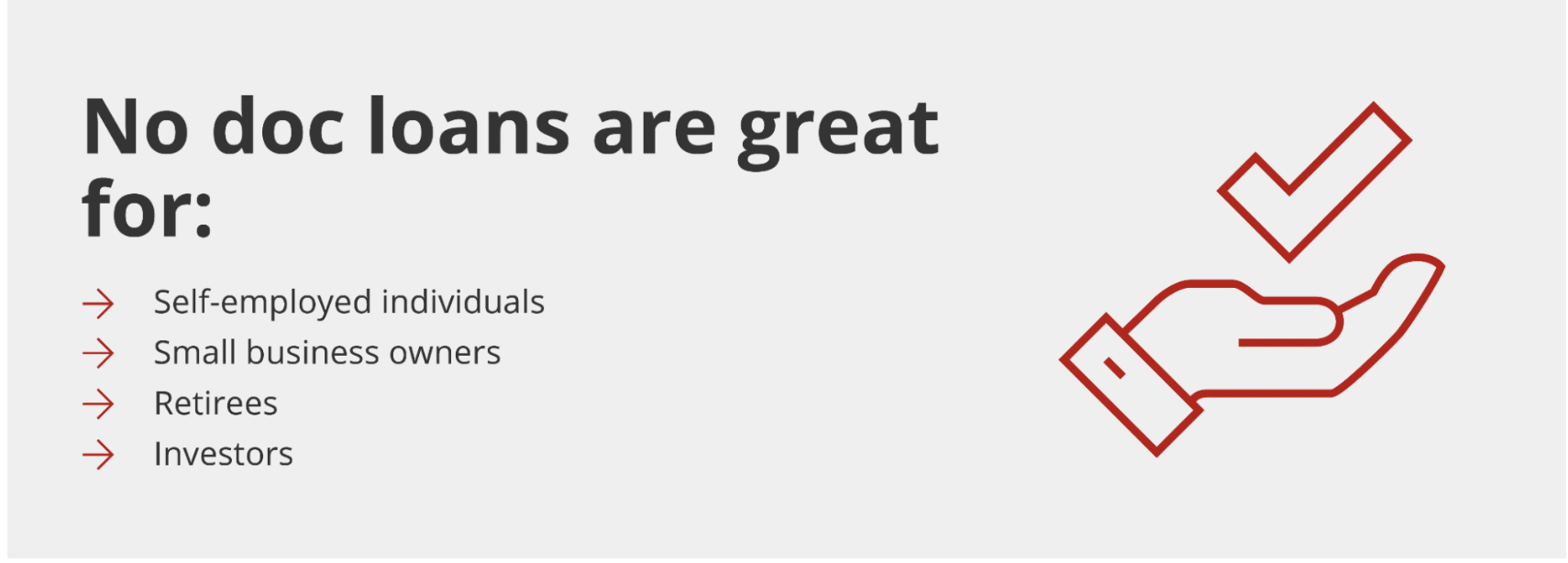No doc loans are great for self-employed individuals, small business owners, retirees, and investors, shown beside a hand holding a checkmark.