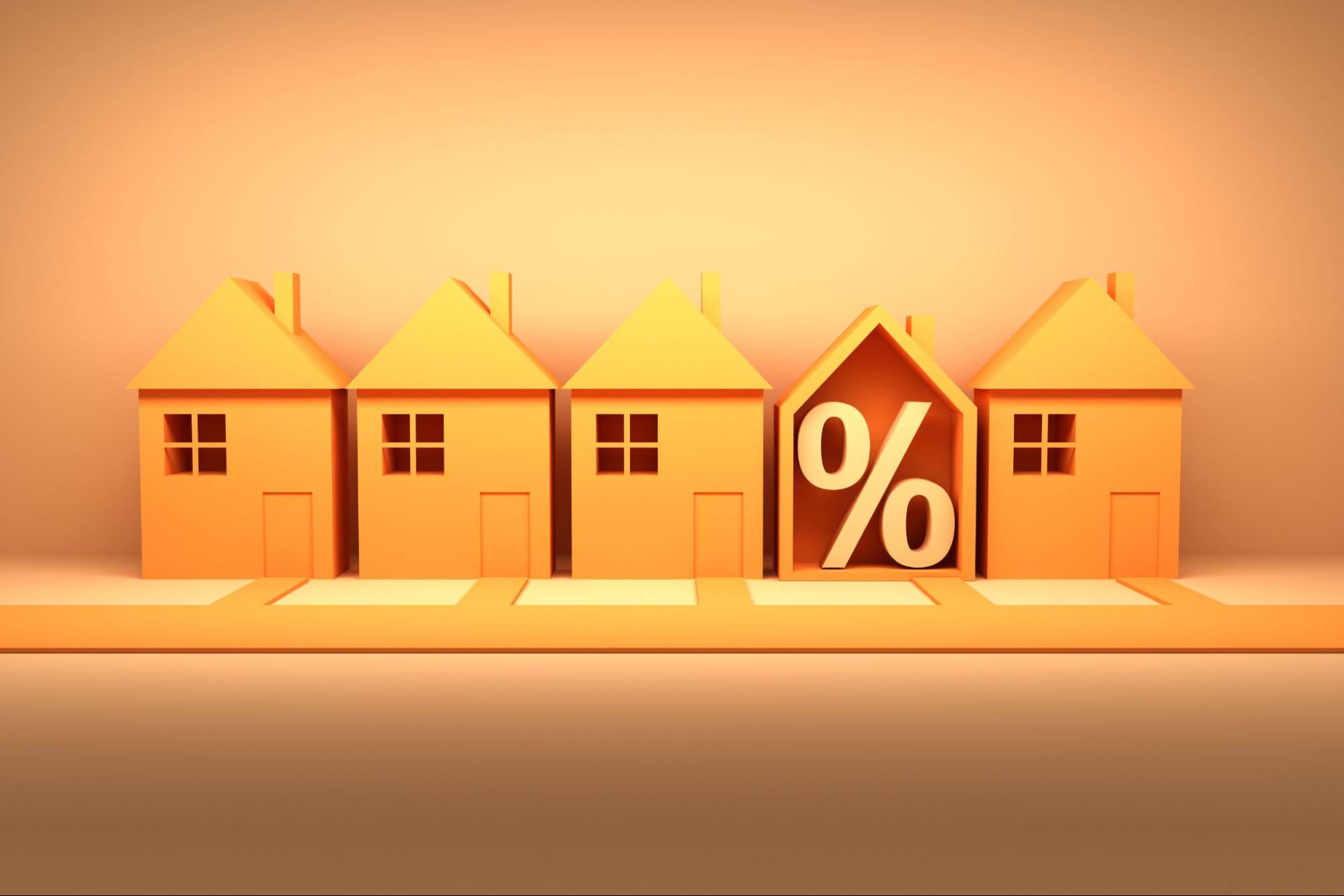 A row of 5 house cut outs with one open to show the percent symbol