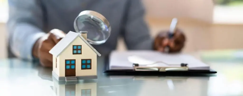 A person writes on a clipboard while holding a magnifying glass up to a cream colored model home.