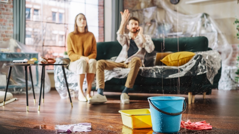 Water drops into a blue bucket from a leak in the ceiling while in the background a woman and an upset man on the phone gesture towards the leak amidst their plastic-covered belongings and furniture. 
