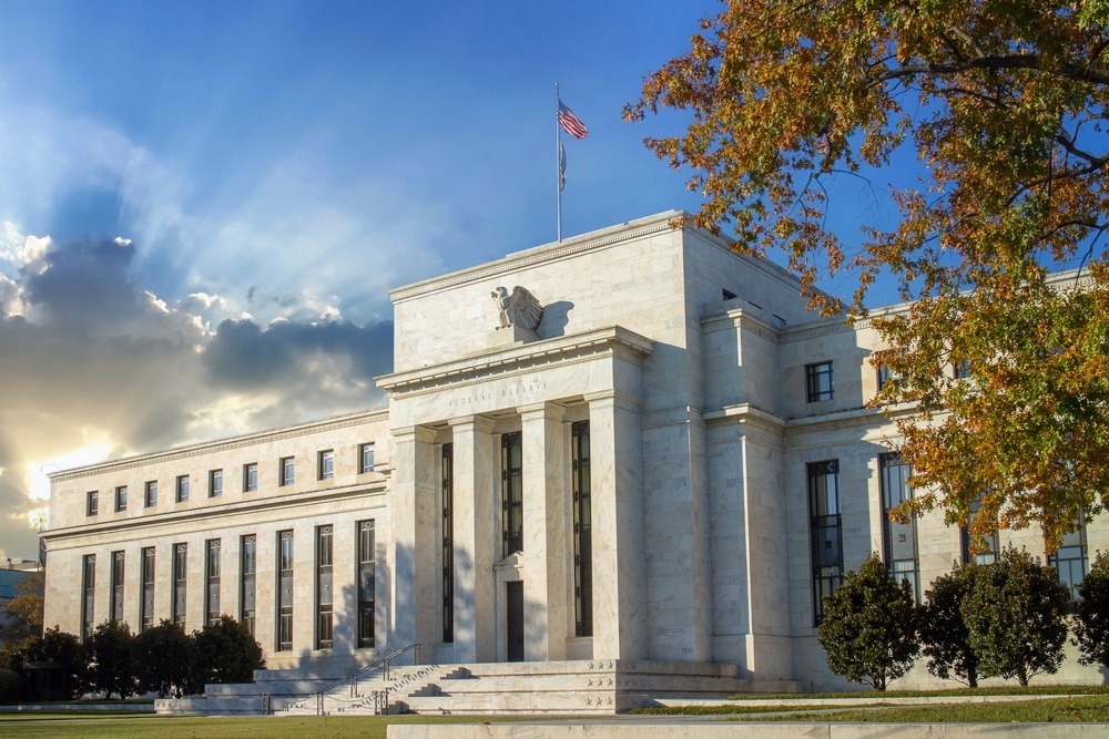 The facade of the Federal Reserve building in Washington, DC. 