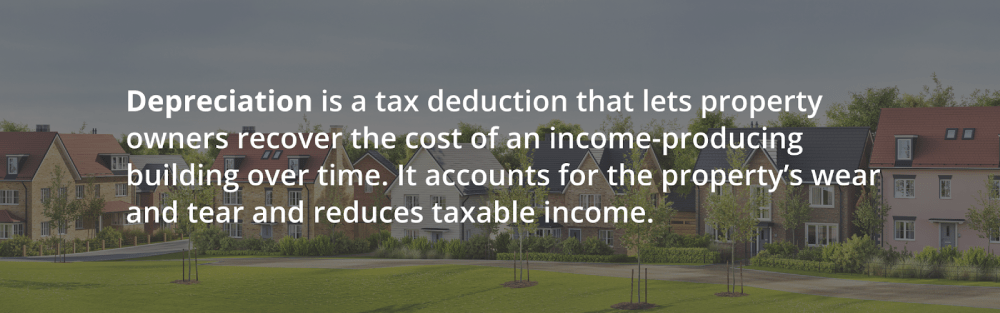 Row of modern houses with green lawns, overlaid with text explaining that depreciation is a tax deduction for property owners to recover the cost of an income-producing building over time.