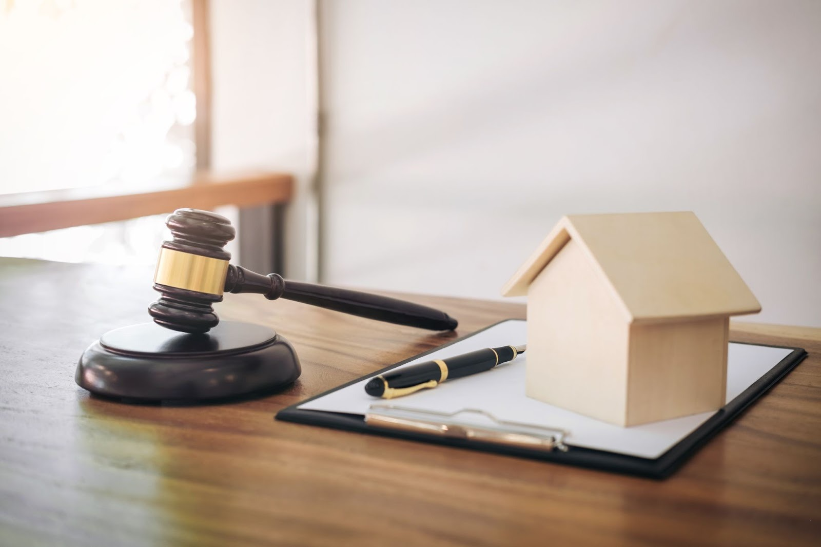 A model wooden home sitting on a clipboard beside a gavel.