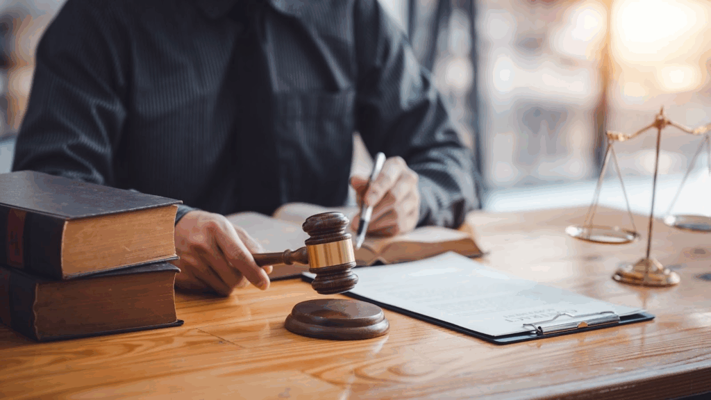 A judge holding a gavel and reviewing documents at his desk.