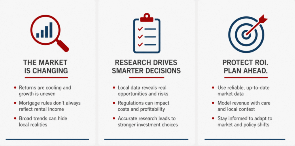 Infographic explaining changing vacation rental market conditions, how research supports smarter investment decisions, and strategies to protect ROI.